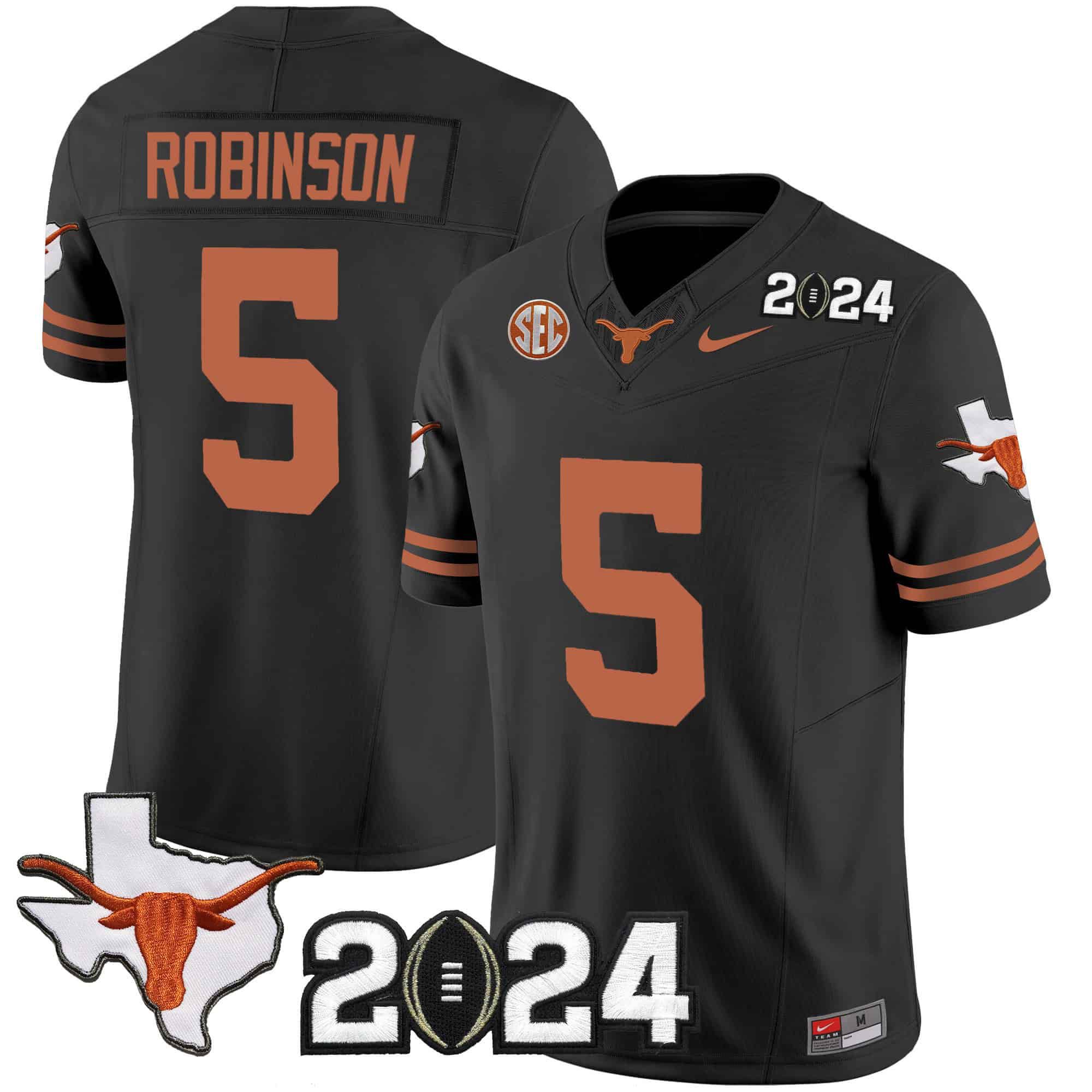 Men Texas Longhorns #5 Robinson Black 2024 Nike Vapor Limited NCAA Jersey style 1